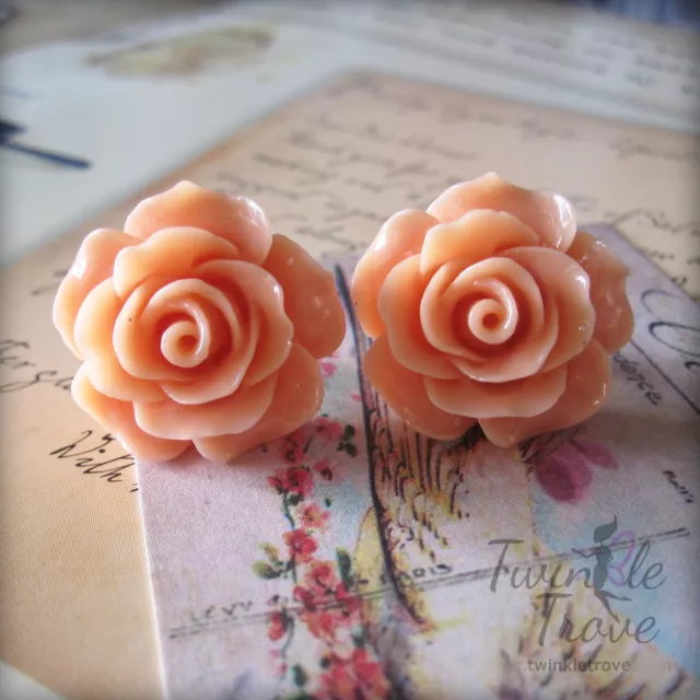 Opaque Rose Carved Flower Stud Earrings. Vintage Shabby Chic Style- Bridesmaid