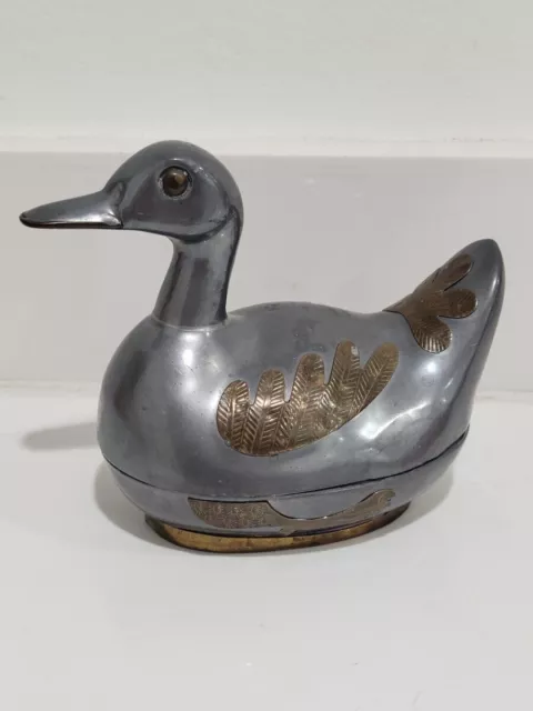 Duck Trinket Box Mid Century Pewter Brass Metal Hand Crafted Vintage 1960s 6"