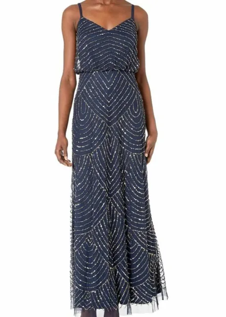 $399 Adrianna Papell Womens Blue Embellished Blouson Sleeveless Gown Dress Sz 12