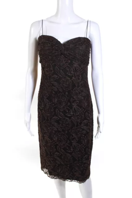 Carmen Marc Valvo Womens Brown Floral Lace Beaded Sleeveless Pencil Dress Size12