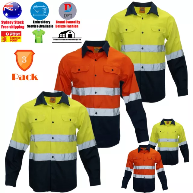 3 Pack Hi Vis Shirt Safety Cotton Drill Work Wear Long Sleeve 3M Reflective Vent