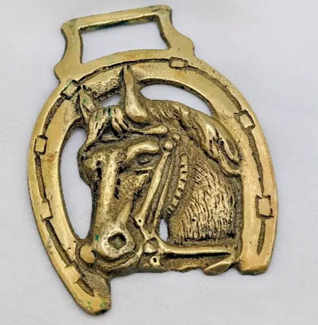 Brass Horse Medallion Vintage English Horseshoe Mare Steed Bridle Parade Show
