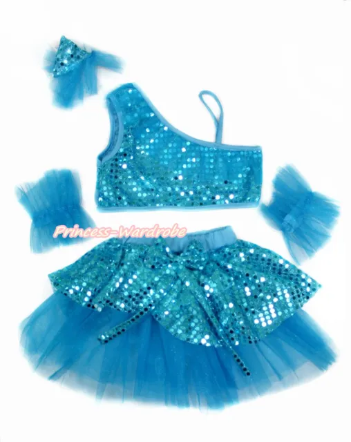 Peacock Blue Sequins Ruffles Top Girl Ballet Tutu Skirt Costume Dance Dress 1-8Y