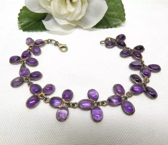 Vintage 925 Sterling Silver, Amethyst Gemstone Link Bracelet 8.5"