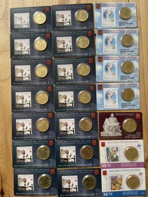 21 Stücke 50 Cent Coincard und Stamp Vatikan 2011, 2012, 2013, 2019