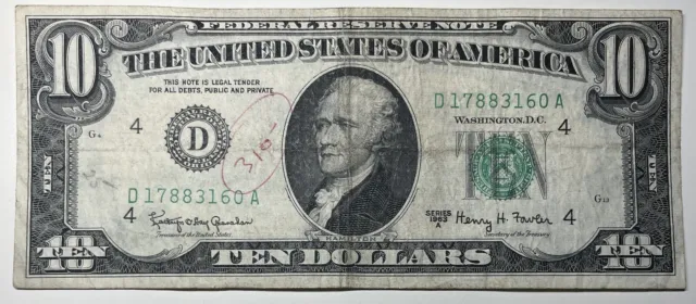 1963 A $10 Ten Dollar Bill Federal Reserve Note  Cleveland OH Vintage Currency