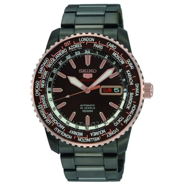 SEIKO 5 Sports SRP132K1 Automatic Watch 4R36-00H0 World Time Black Gold 100m Day