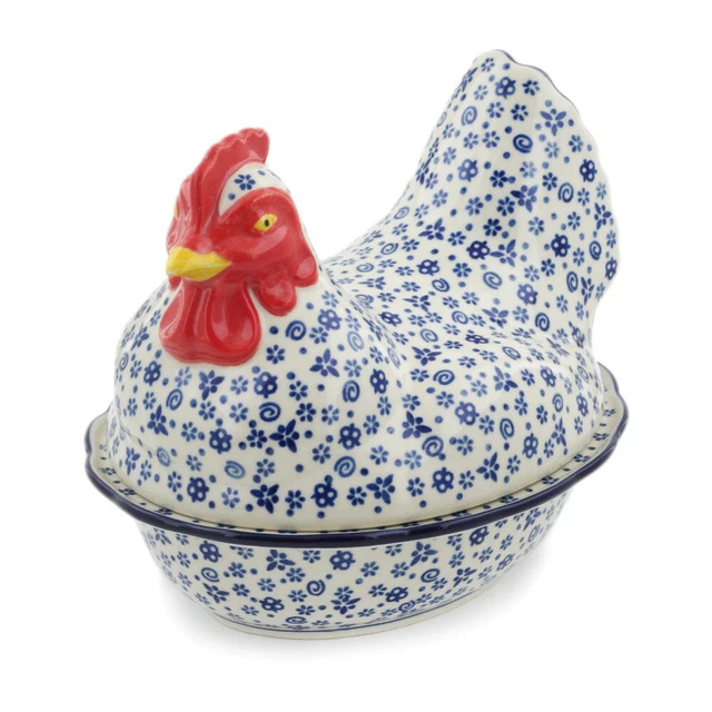 Polish Pottery Hen Shaped Jar 9" Ceramika Artystyczna Blue Confetti