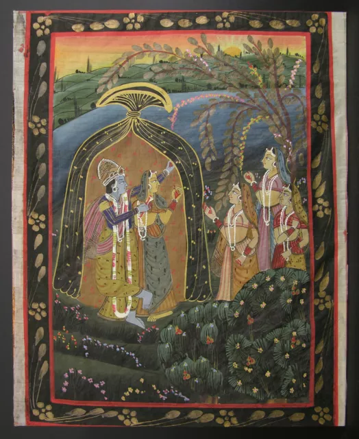 Early to Mid 20th C East India Painting on Silk, Radha Krishna & Gopis Garden