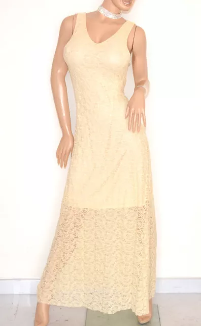 Abito lungo donna beige vestito pizzo smanicato tubino ricamato elegante UE120