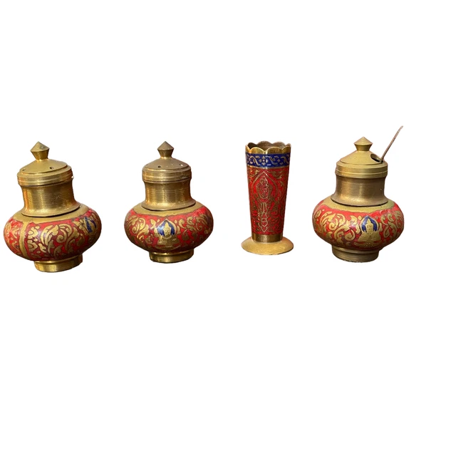 Thai Brass Condiment Containers Salt Pepper Gold Red Enamel Asian Vintage MCM
