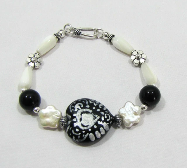 Silver Heart Bead Bracelet, Black Onyx, FW Pearl, MOP, Sterling Silver 925 7"