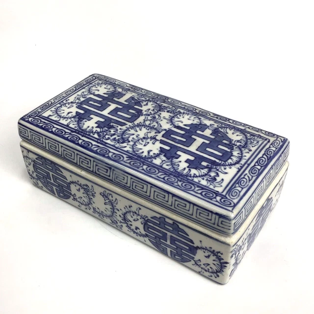 Vintage Old Chinese Painted Blue White Chinoiserie Porcelain Lidded Ink Box 7.5"