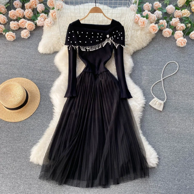 Donna Plissettato Rete Maglia Abito Giuntura Manica Lunga Perline Nappe Fairy