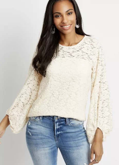 Maurices Women's Floral Lace Top size XXL Puff Sleeve Beige Stretch Lined