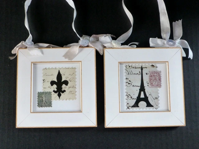 Pair Of French Silhouettes, Eiffel Tower & Fleur de Lis, Framed Art Handmade,USA