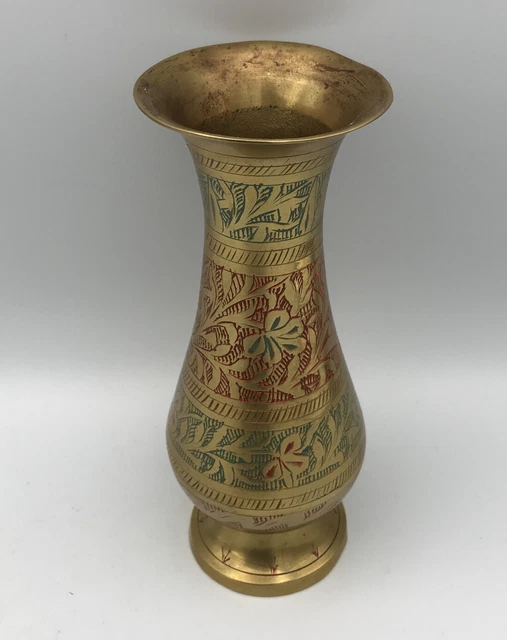 VASE En LAITON À Décor De Feuillage Ciselé Polychrome Rouge Et Vert - 15 Cm