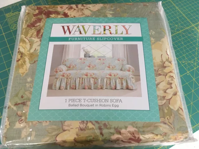 Waverly Sofa Slipcover T Cushion Ballad Bouquet Robins Egg 100% Cotton NIP