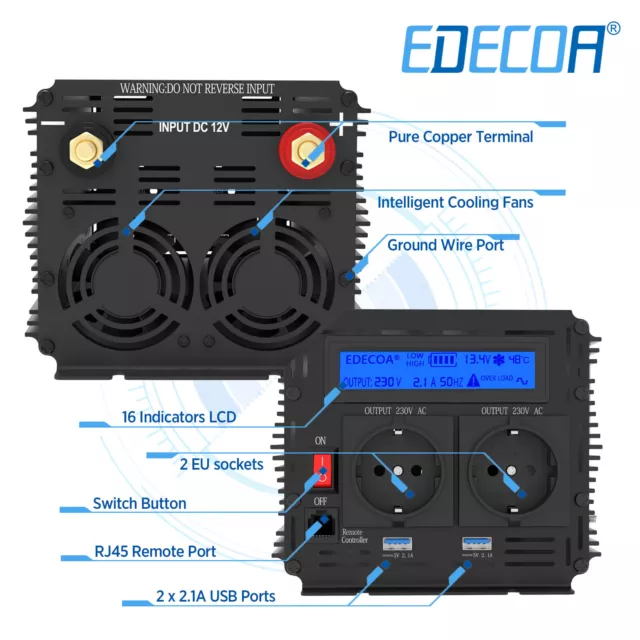 EDECOA Convertisseur 12V 220V Onduleur 3000W 6000 WATT Inverter LCD 2*USB 2