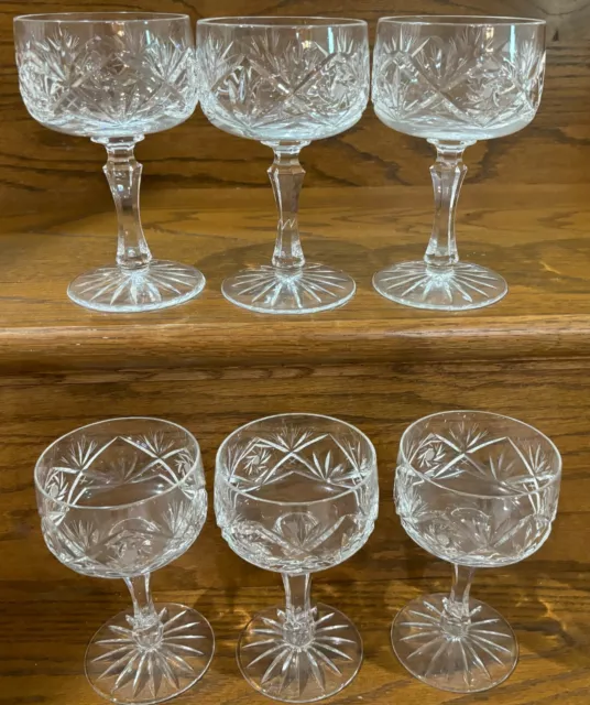 Set (6) Vtg Brilliant Cut Crystal Cordial Goblets  Faceted Stem 6 inch