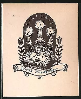 Exlibris Gesine Frohner, Kerzenständer beleuchtet offenes Buch