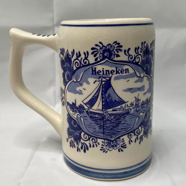 Vintage HEINEKEN Delft Blue Beer Stein MUG  Made in Holland Hand painted BOAT