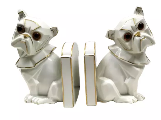 c. 1920's Art Deco Cubist French Bulldog Porcelain Sitzendorf Bookends, Germany