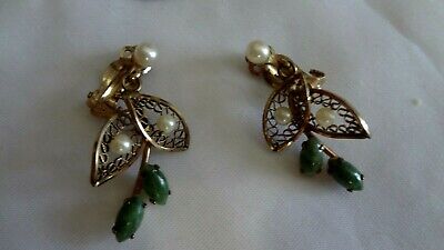 vintage Winard signed clip earrings 1-20-12ktgf pearl jade dangles pat. 156452