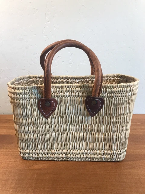 Vintage Wicker Woven  Handbag Brown Leather Strap