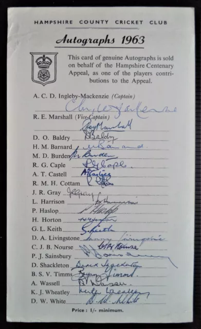 Hampshire County Cricket Club 1963 Centenary Appeal Official Signed Team Sheet