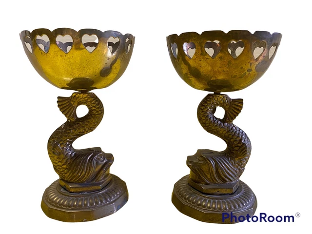 Brass Koi Fish Bowls Pair Oriental Eastern Decor India Non-Food