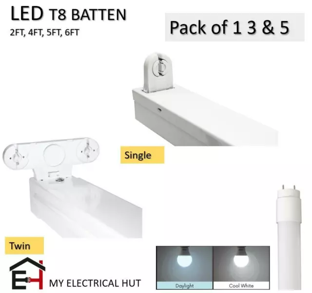 Batten Fitting Fixture T8 LED Compatible 2FT 4FT 5FT 6FT Single/Twin With Tube