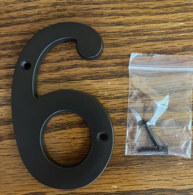 Casa de metal 4" número 6, resistente, bronce frotado con aceite con tornillos