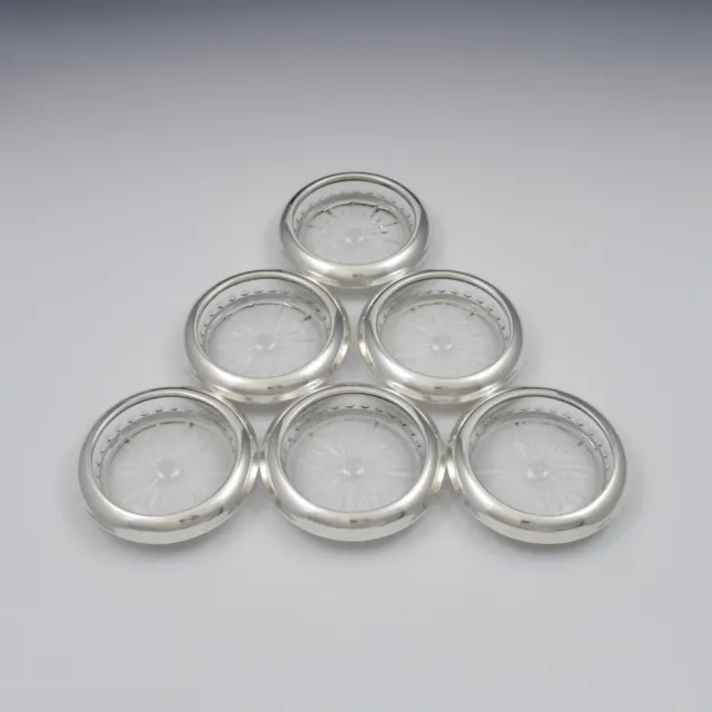 Set Of Six Sterling Silver & Glass Wine Glass Coasters Vintage Webster Company