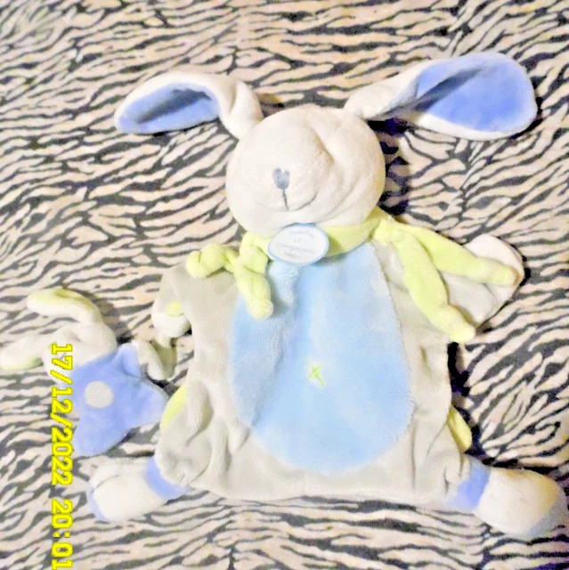 Ci/  Doudou Et Compagnie Marionnette Lapin Et Bebe Bleu Gris Vert 35Cm Etat Neuf
