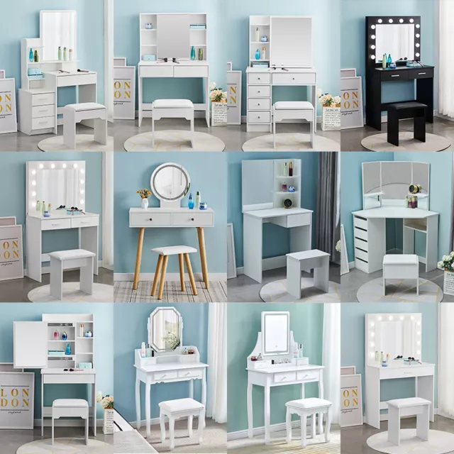 Dressing Table Stool Set Make-Up Desk w/ Mirror Drawer Bedroom Furniture Storage