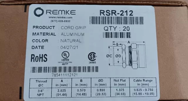 Remke RSR-212 3/4" Aluminum Cord Grip RSR211 Box Of 20