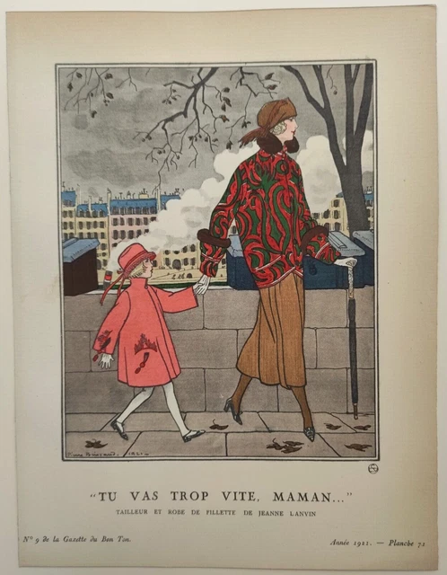 Tu Vas Trop Vite Maman , P. Brissaud, Pochoir Original 1921, Gazette Du Bon Ton