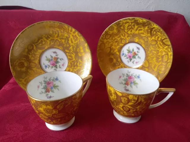 2 x Minton Brocade Demitasse Tea Coffee Cups Saucers Gold Yellow Gilded Vintage