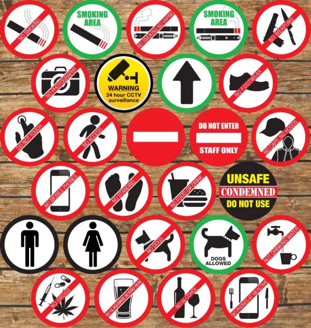 Warning Signs Stickers Self Adhesive✔CCTV✔Smoking✔Caution✔Food✔Drink✔Dogs✔Access