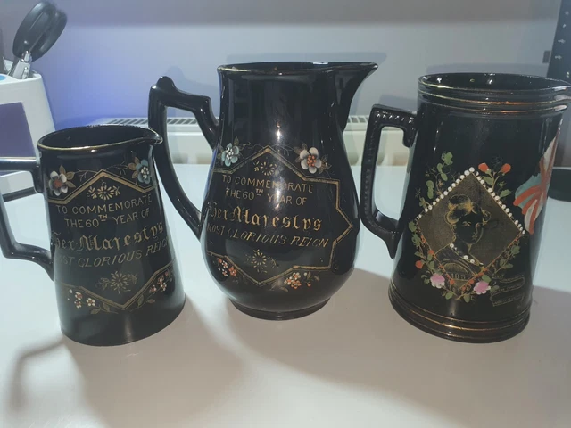 Queen Victoria memorabilia - 3 beautiful Jackfield black jugs