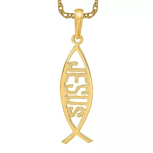 10K YELLOW GOLD Ichthus Fish Jesus Necklace Charm Pendant Chain 20 inch ...