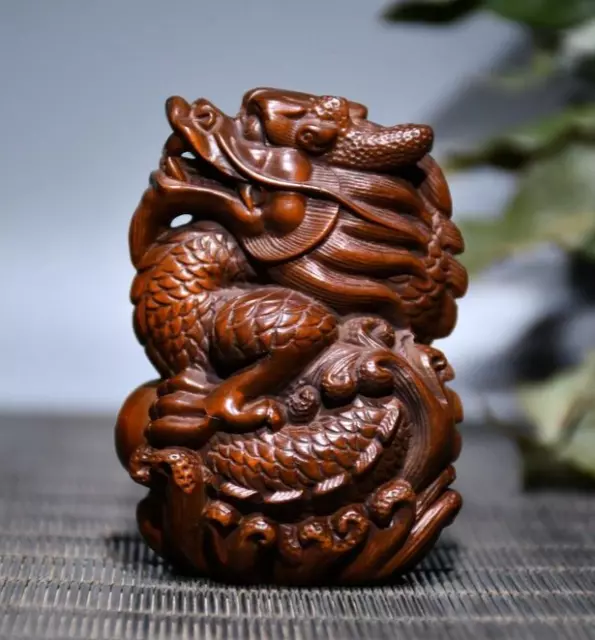 Chinese Exquisite Collection Hand Carved Boxwood Wood Dragon Statue