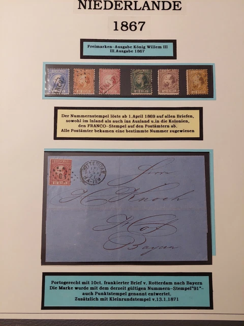 Niederlande 1867 / 68 König Willem III - NVPH No. 7 -12 + Faltbrief 10C  (gest.)