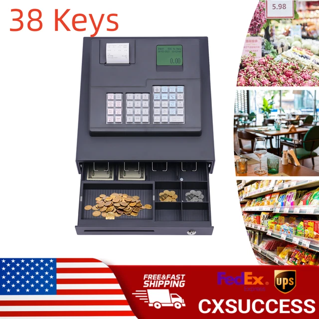 38 Keys Electronic Cash Register Thermal Cash Register Machine w/ Cash Drawer