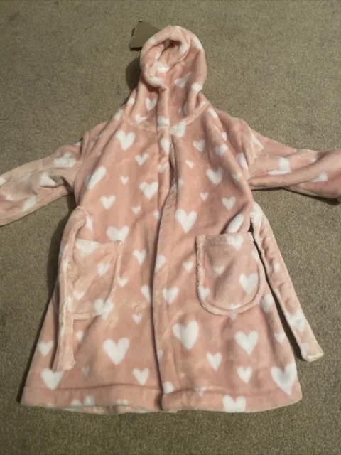 Girls Pink And White Heart Dressing Gown Aged 2-3 Years Good Condition