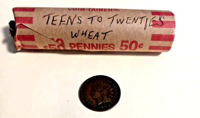 ROLL - Lincoln Wheat Cents all in the teen and twenties 50 coins plus Indian