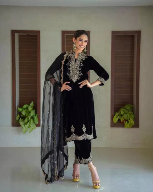 Readymade Fully Stitched Black Velvet Salwar Kameez Pakistani Anarkali Suit