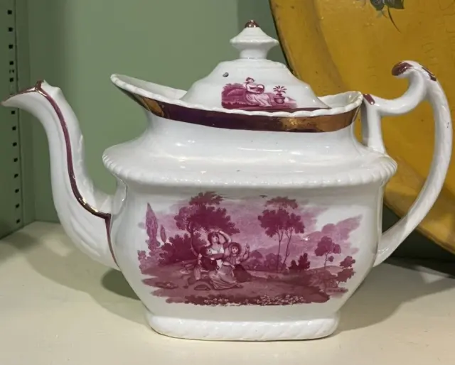 Early 1800s Antique Sunderland Pink Lustreware Teapot Mother & Children Sky Lark
