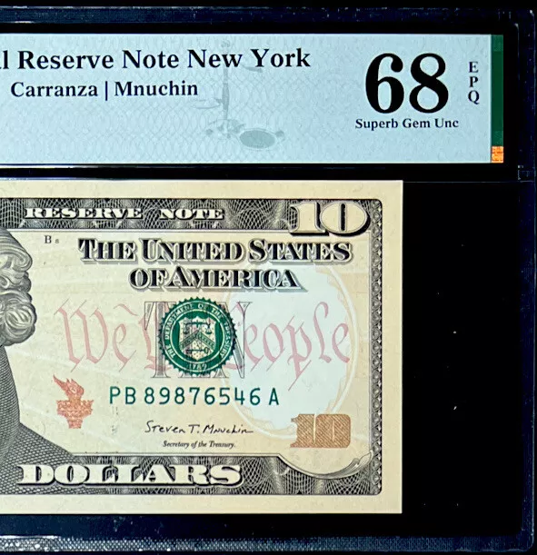 2017A $10 Federal Reserve Note-Descending Ladder #89876546-Pmg #68Epq Superb Gem